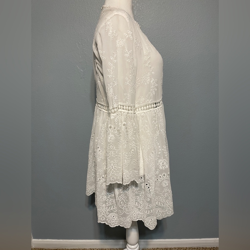 Zara Sheer White Eyelet Cutwork Babydoll Dress Bridal Cottagecore Boho Large - Picture 2 of 8